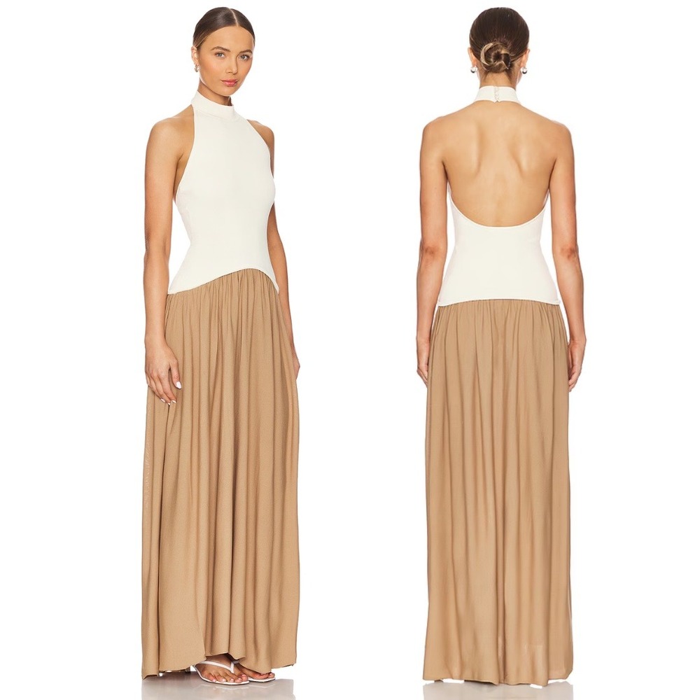 Solid & Striped Soglio Colorblock Halter Maxi Dress Cream Tan Open Back Size S